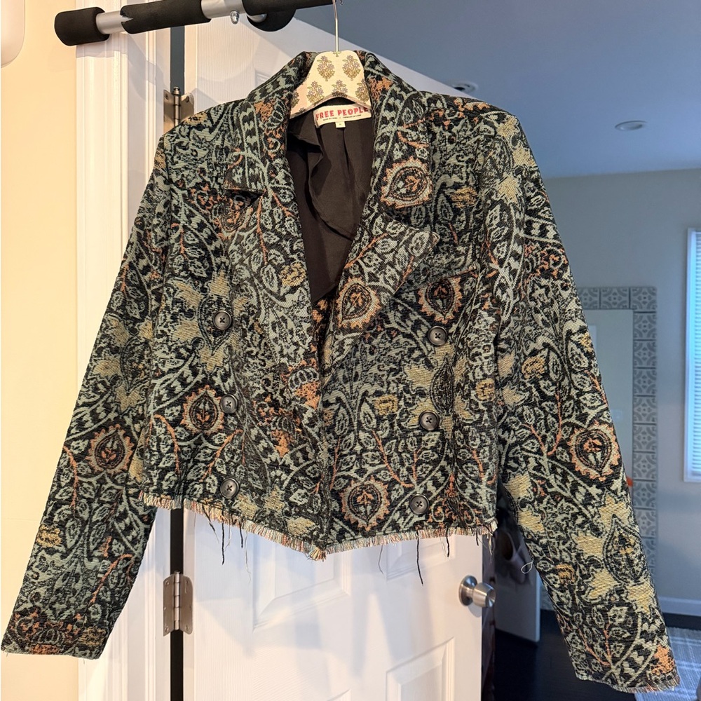 Free People Black and Green Patterned Blazer